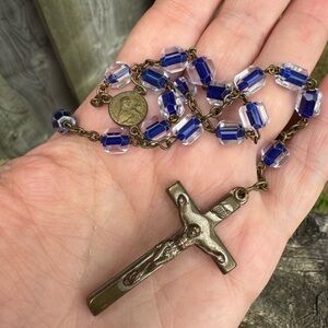 Blue Rosary with Crucifix Saint Therese Of The Child Jesus Glass Beads Vintage
